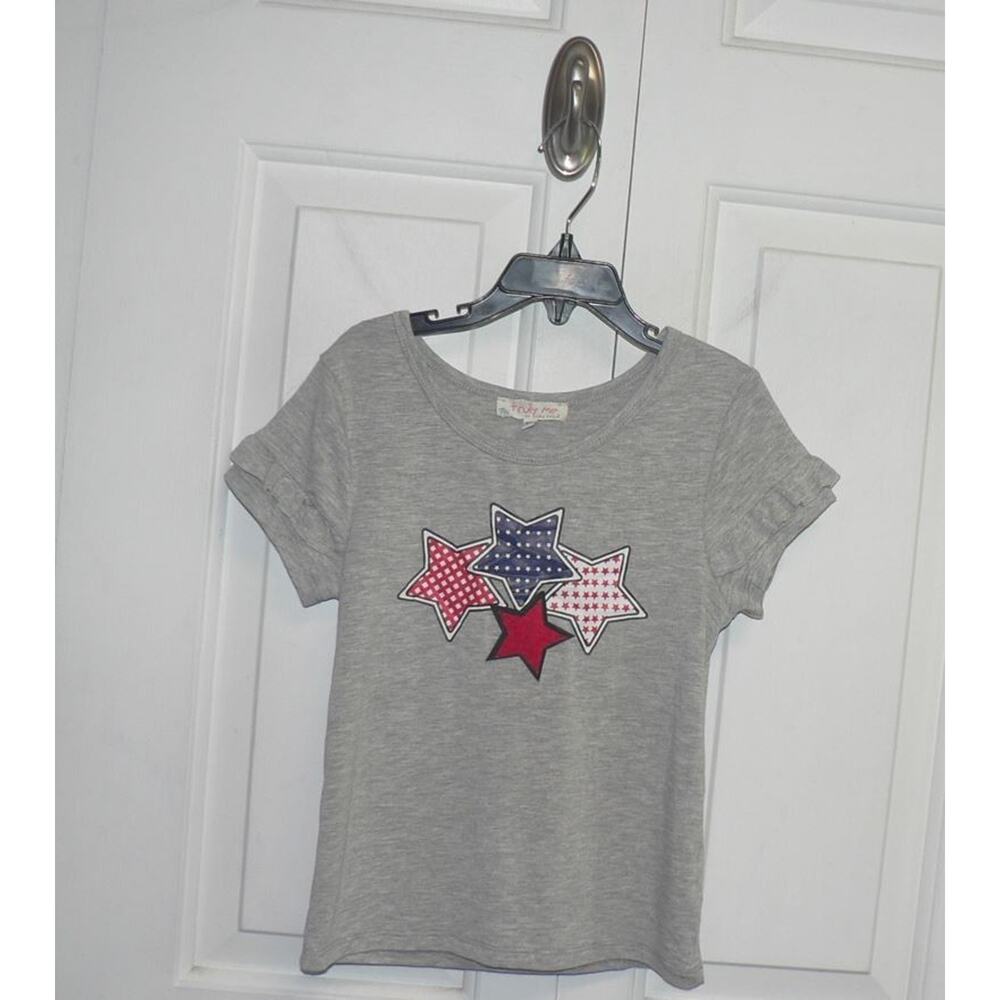 Truly Me Girls Short Ruffle Sleeve Red White & Blue Stars T-Shirt in Grey 6X $36